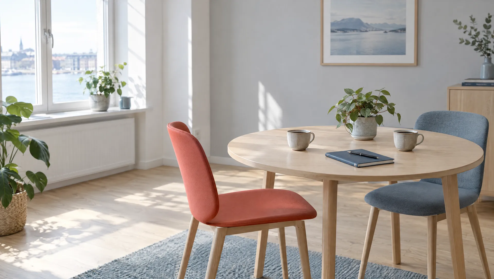 Et lyst mødebord med to kopper kaffe