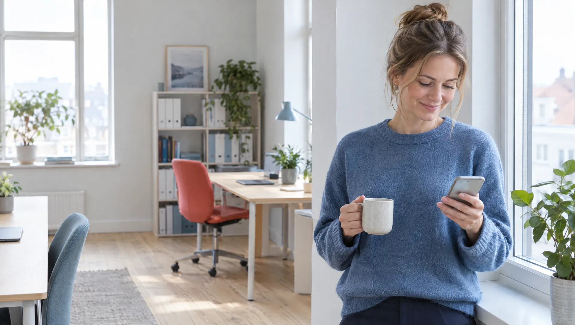 En medarbejder ved vinduet kigger på sin telefon med en kop kaffe
